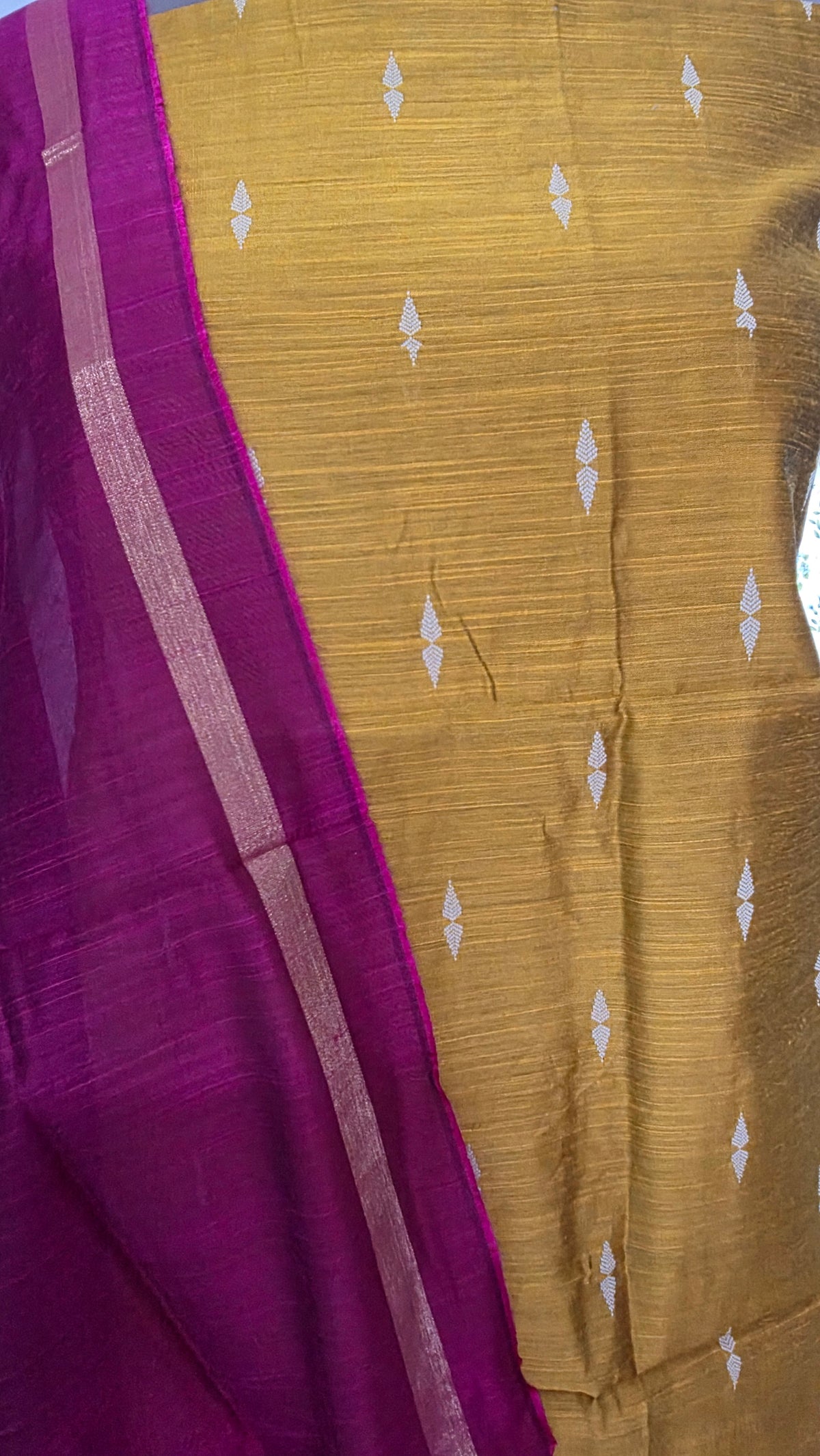 Yellow Magenta Cotton Silk Weaving Unstitched dress material Suit set