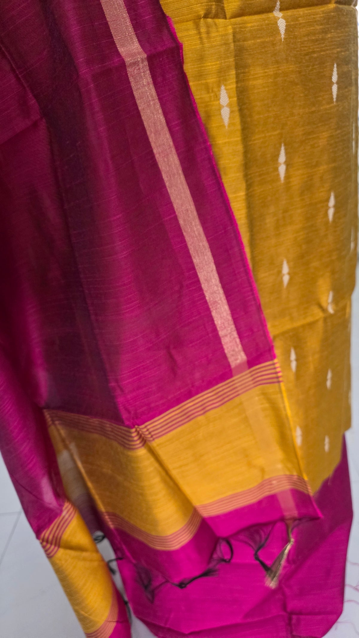 Yellow Magenta Cotton Silk Weaving Unstitched dress material Suit set