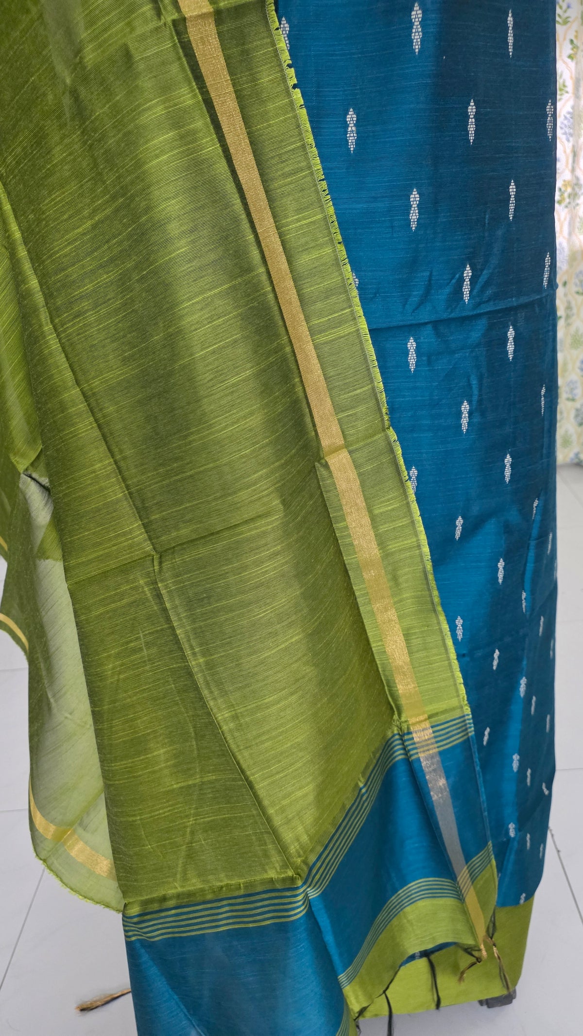 Teal Green Cotton Silk Weaving Unstitched dress material Suit set