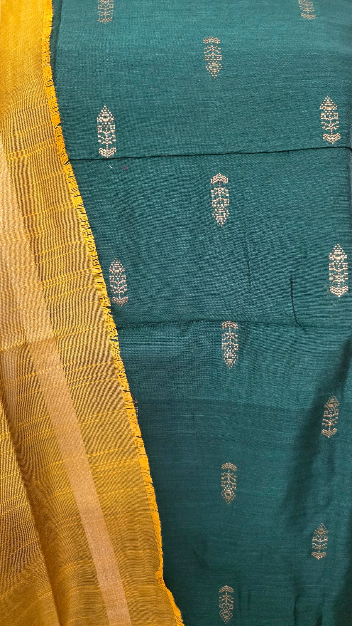 Green Yellow Cotton Silk Weaving Unstitched dress material Suit set