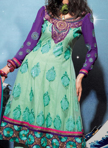 Turquoise Net Embroidered Anrakali Dress Material SCA3121