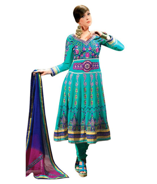 Turquoise Embroidered Anrakali Dress Material SCA3431 - Ethnic's By Anvi Creations