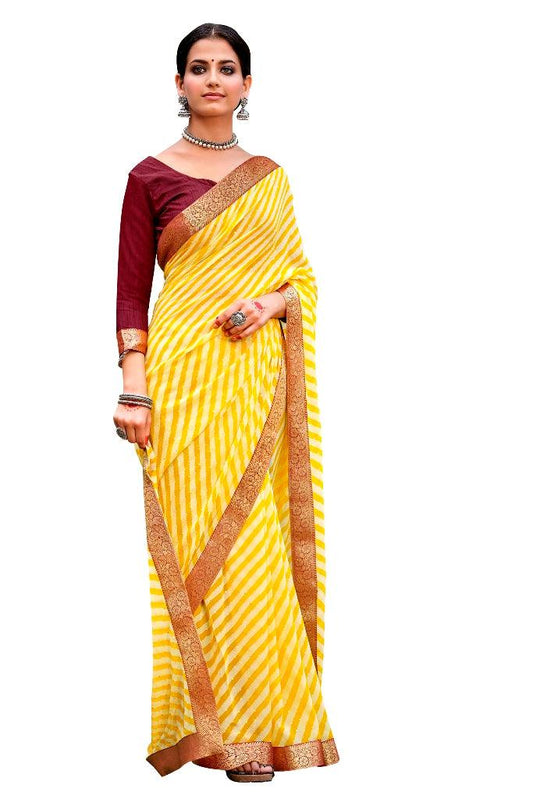 Yellow Lehariya Printed Georgette Saree with Rich Brocade Border
