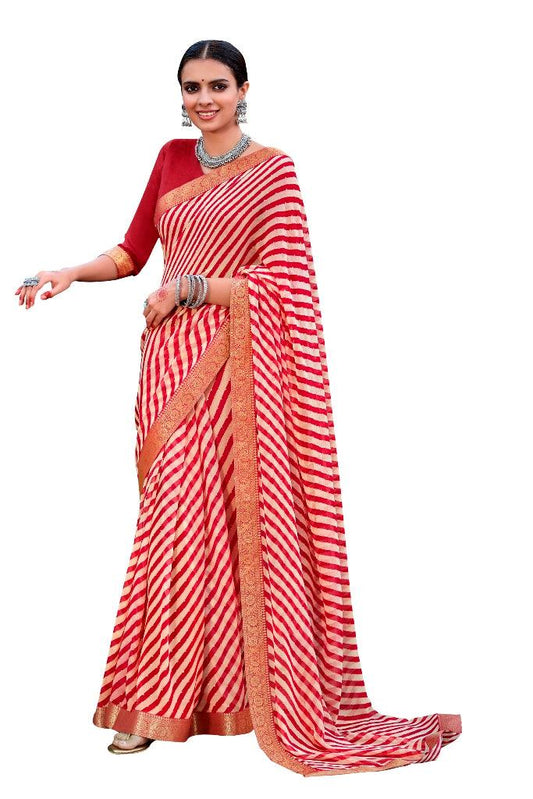 Red Lehariya Printed Georgette Saree with Rich Brocade Border