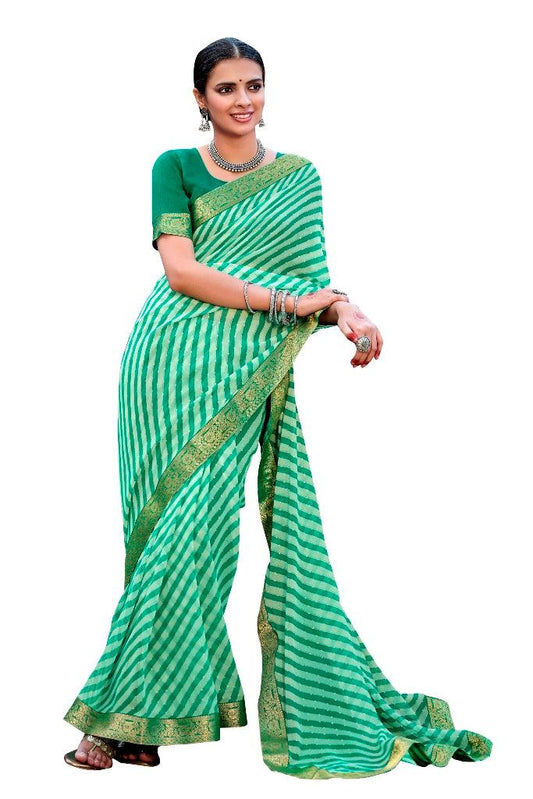 Turquoise Lehariya Printed Georgette Saree with Rich Brocade Border