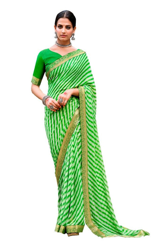 Dhani Green Lehariya Printed Georgette Saree with Rich Brocade Border