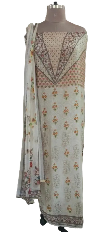 Designer Beige Kora Silk Printed Dress Material with Chiffon Dupatta GAN25