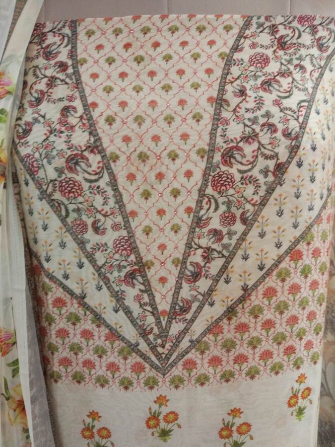 Designer Beige Kora Silk Printed Dress Material with Chiffon Dupatta GAN25