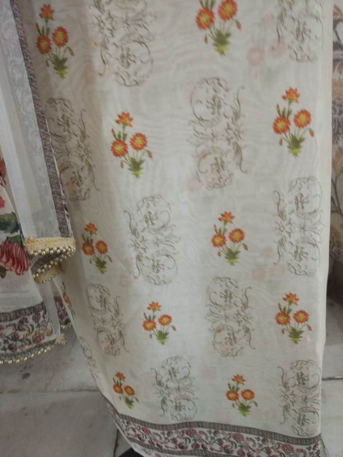 Designer Beige Kora Silk Printed Dress Material with Chiffon Dupatta GAN25