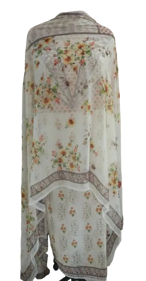 Designer Beige Kora Silk Printed Dress Material with Chiffon Dupatta GAN25