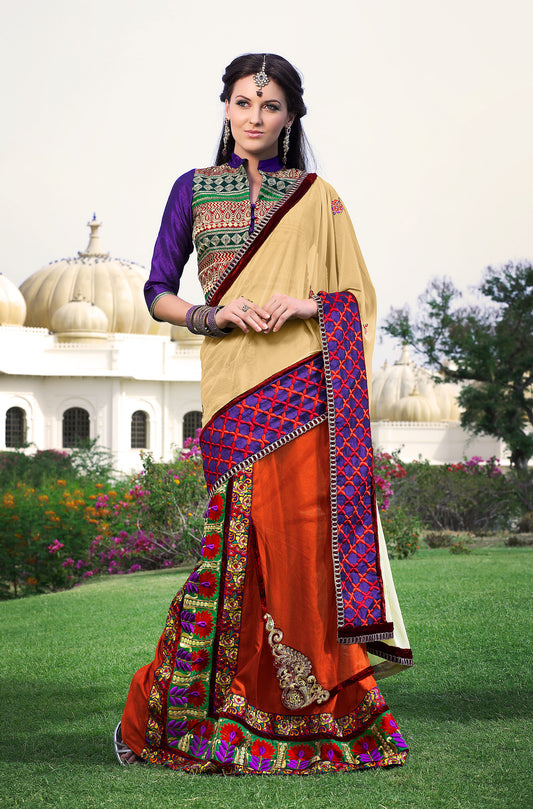 Designer Embroidered Beige Multi Lehenga Style Saree SC4703