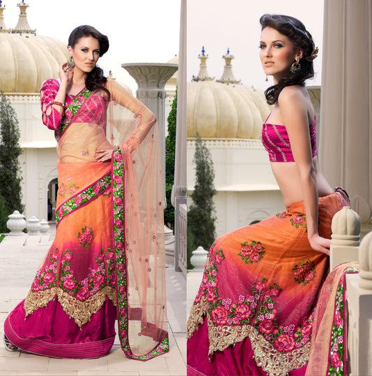 Designer Embroidered Orange Lehenga Style Saree SC4704