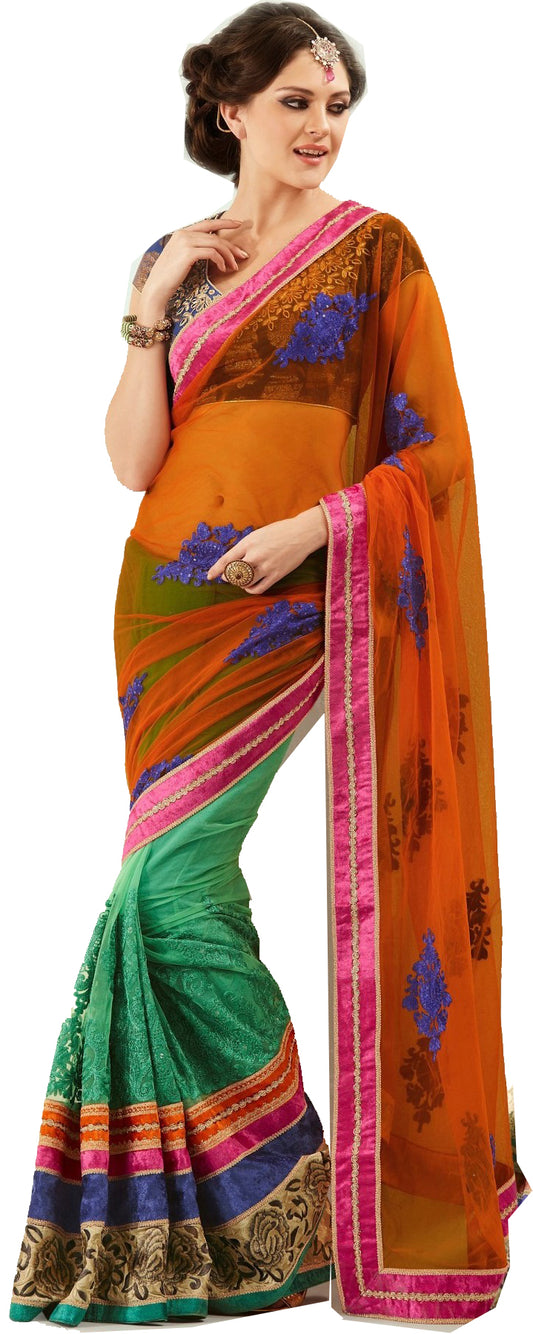 Designer Orange Green Embroidered Net Georgette Saree 7102A