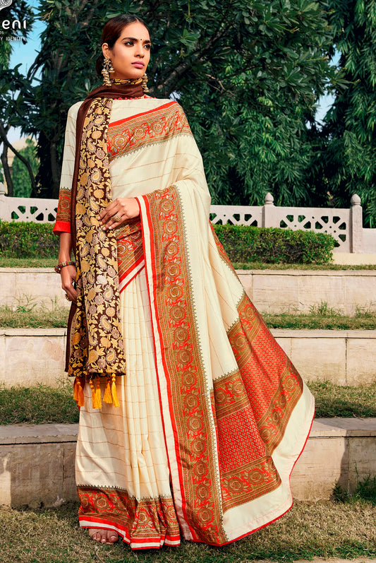 Off White Dola Silk Saree with Shawl AAS47