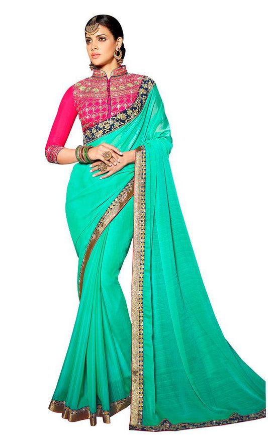 Designer Satin Georgette Saree with Embroidered Borders & Heavy Work Blouse
