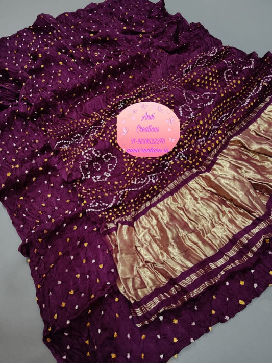 Wine Jaipuri Handcrafted Modal Gajji Bandhani Saree with Lagdi Patta Authentic Bandhej BANL01