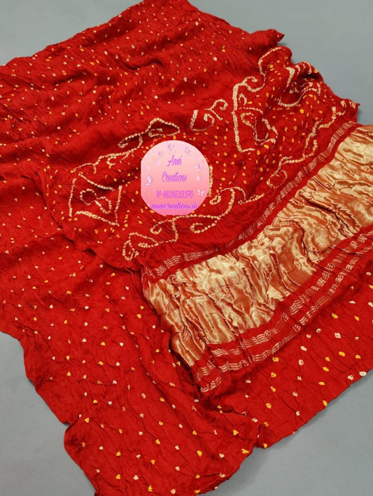 Red Jaipuri Handcrafted Modal Gajji Bandhani Saree with Lagdi Patta Authentic Bandhej BANL04