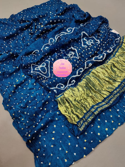 Teal Blue Jaipuri Handcrafted Modal Gajji Bandhani Saree with Lagdi Patta Authentic Bandhej BANL05