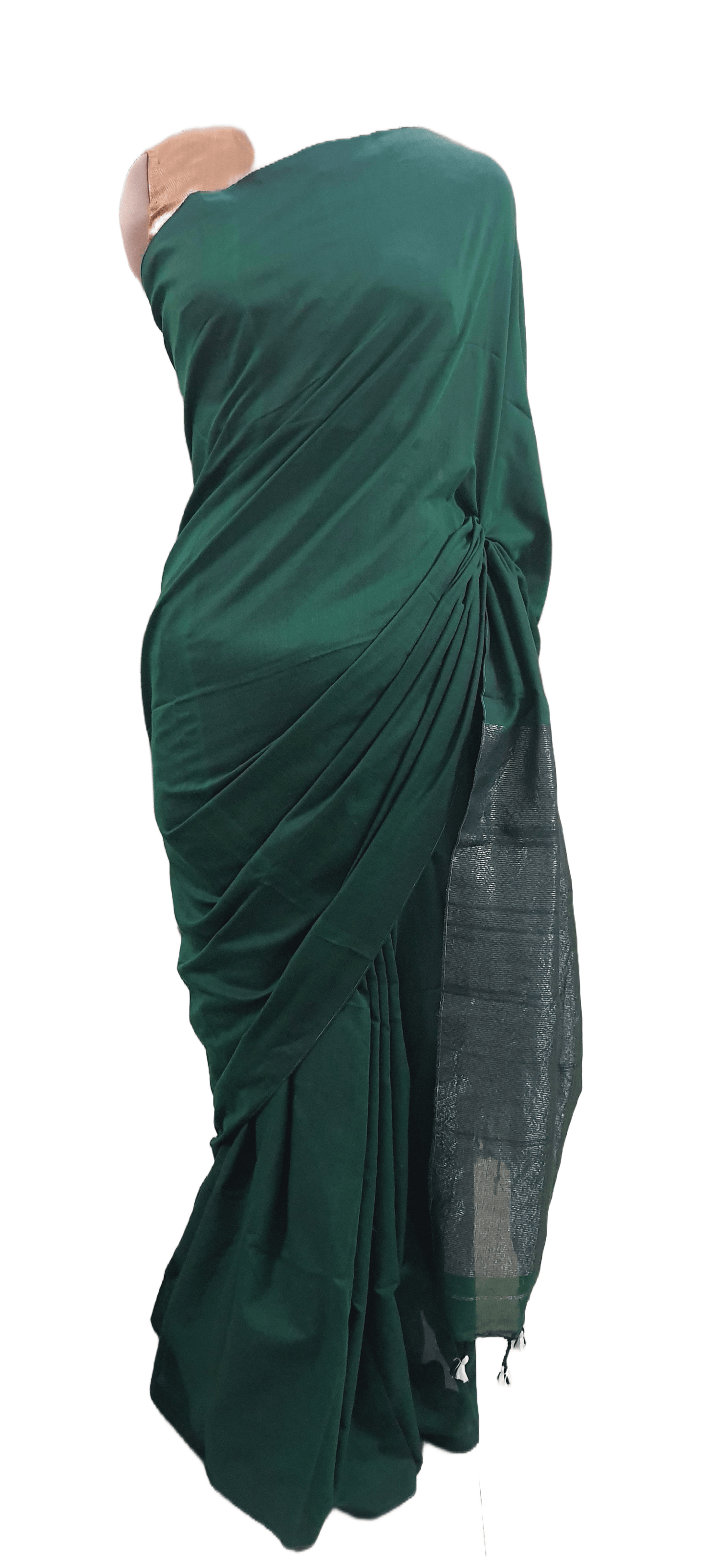 Dark Green Handloom Cotton Saree with Pure Ikkat Silk Blouse BHR01 - Ethnic's By Anvi Creations