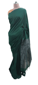 Dark Green Handloom Cotton Saree with Pure Ikkat Silk Blouse BHR01