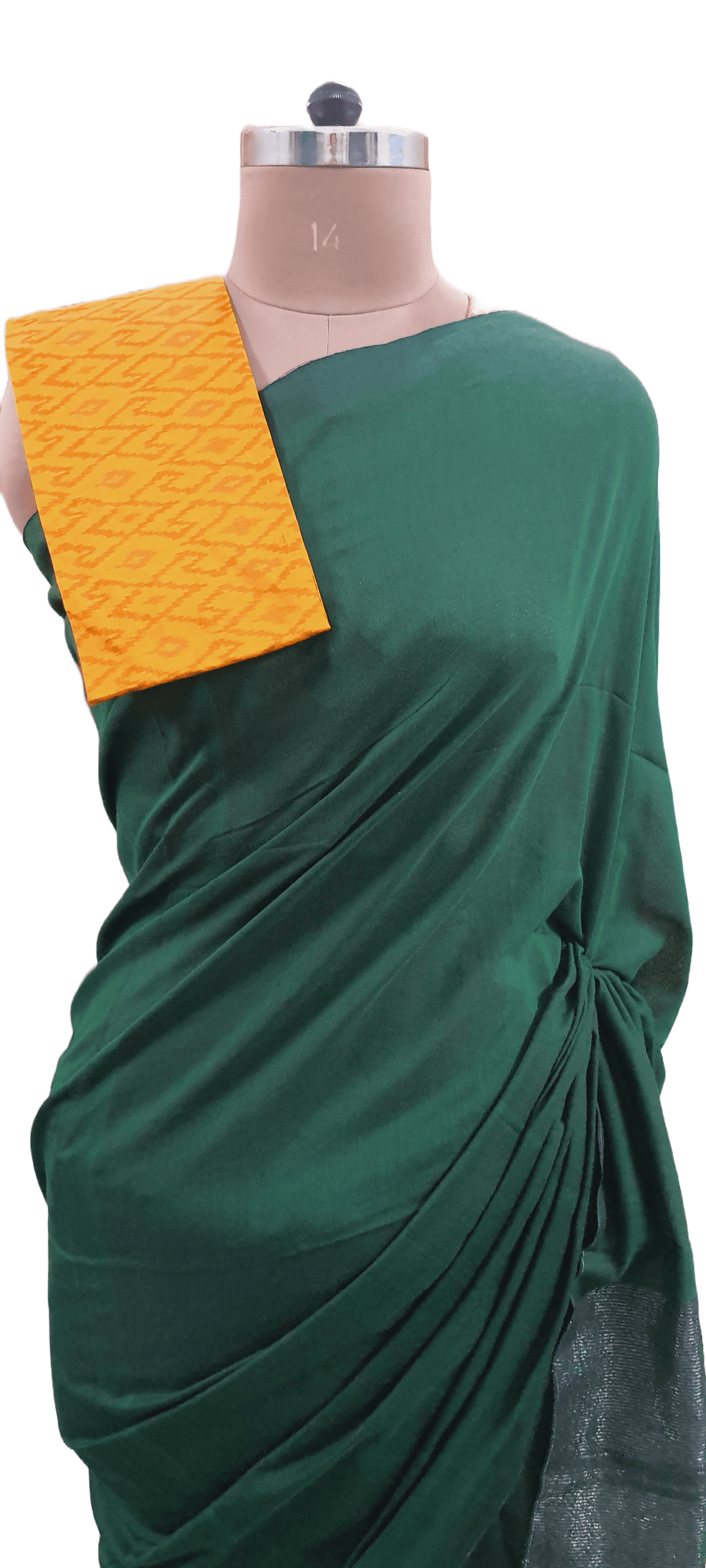Dark Green Handloom Cotton Saree with Pure Ikkat Silk Blouse BHR01 - Ethnic's By Anvi Creations