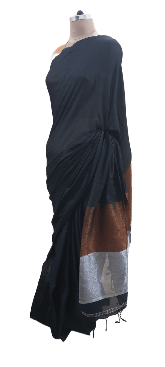 Black Handloom Cotton Saree with Pure Ikkat Silk Blouse BHR02 - Ethnic's By Anvi Creations