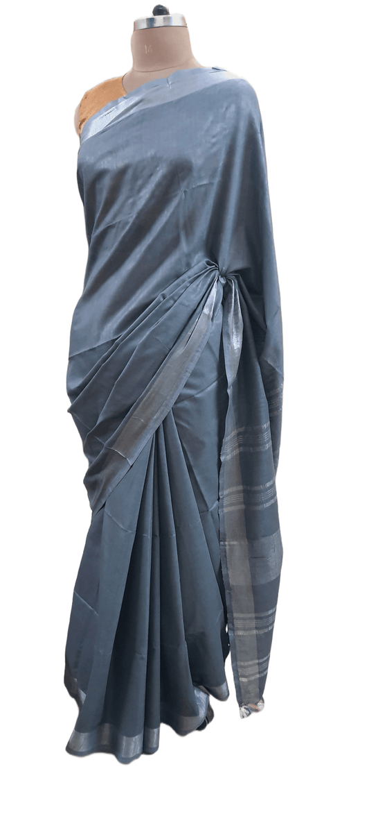 Grey Linen Cotton Saree with Pure Ikkat Cotton Blouse BHR03 - Ethnic's By Anvi Creations