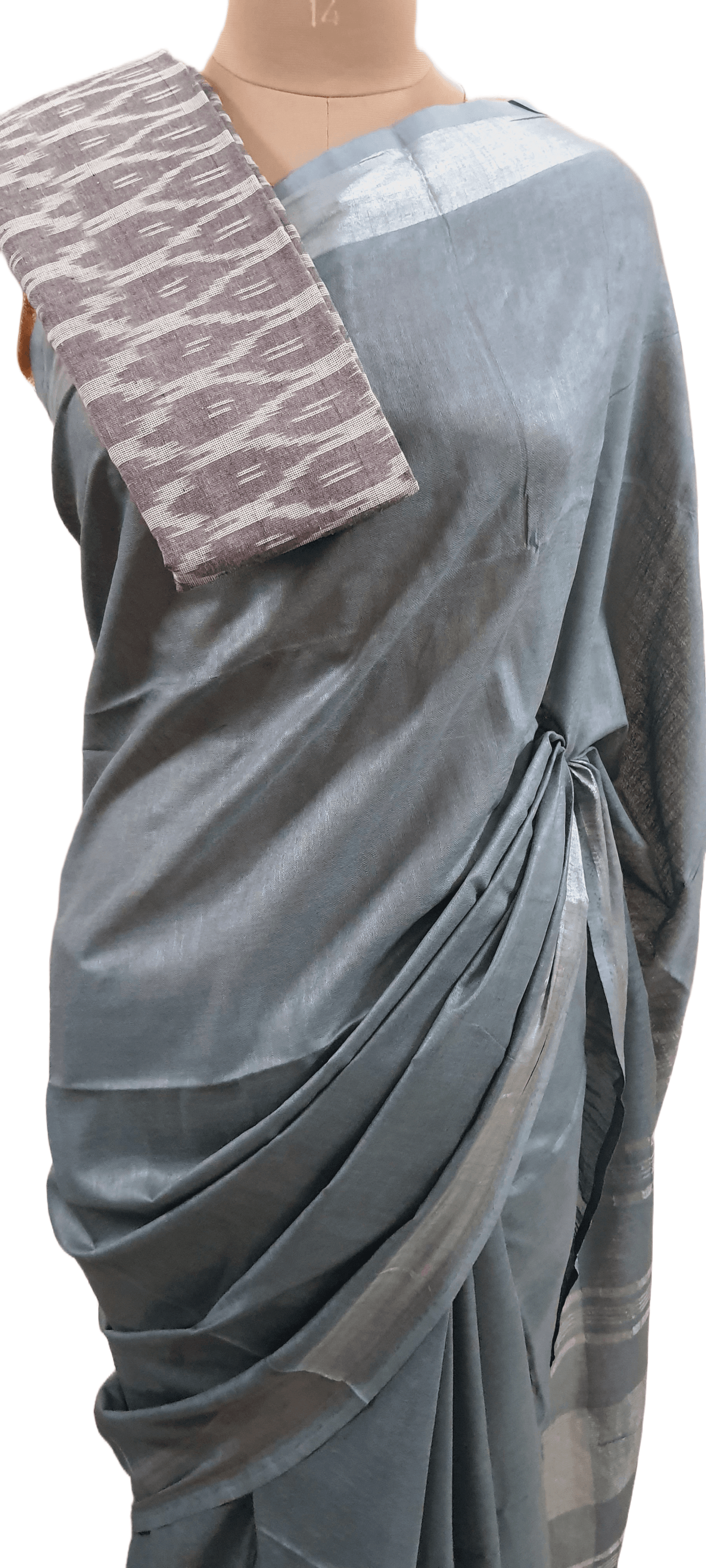 Grey Linen Cotton Saree with Pure Ikkat Cotton Blouse BHR03 - Ethnic's By Anvi Creations