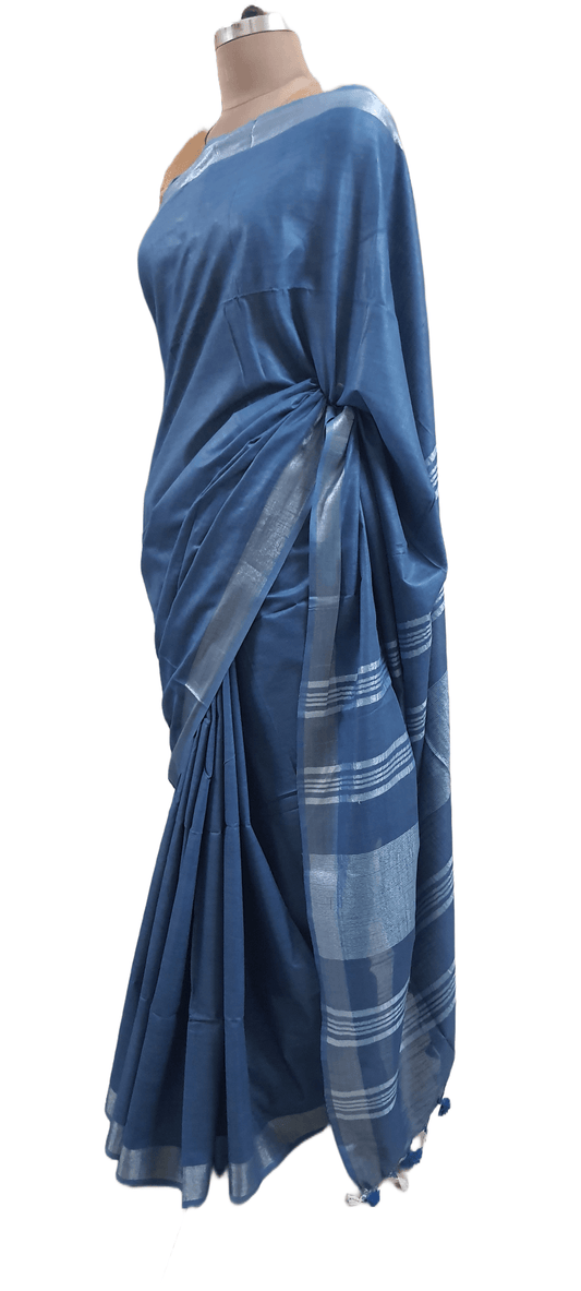 Indigo Linen Cotton Saree with Pure Ikkat Cotton Blouse BHR04 - Ethnic's By Anvi Creations