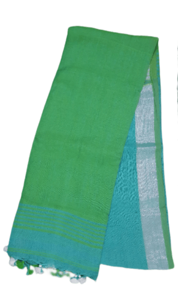 Blue Green Soft Linen Cotton Saree with Pure Ikkat Cotton Blouse BHR05 - Ethnic's By Anvi Creations
