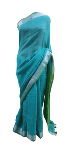 Blue Green Soft Linen Cotton Saree with Pure Ikkat Cotton Blouse BHR05