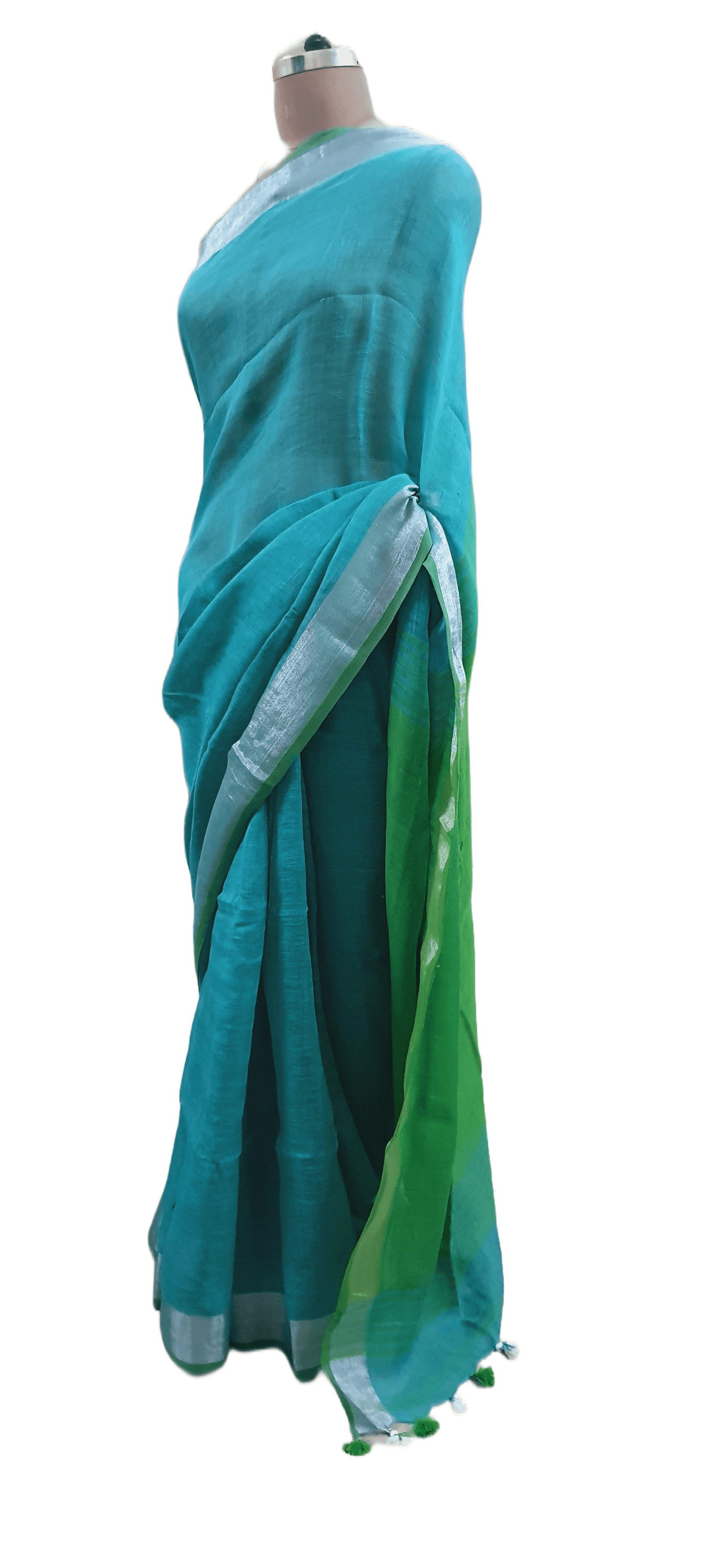 Blue Green Soft Linen Cotton Saree with Pure Ikkat Cotton Blouse BHR05 - Ethnic's By Anvi Creations