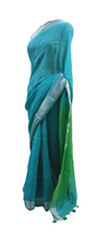 Charger l&#39;image dans la galerie, Blue Green Soft Linen Cotton Saree with Pure Ikkat Cotton Blouse BHR05