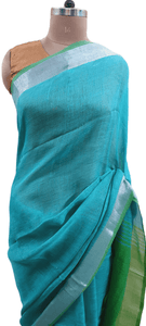 Blue Green Soft Linen Cotton Saree with Pure Ikkat Cotton Blouse BHR05