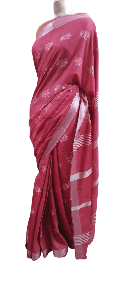 Pink Weaven Linen Cotton Saree with Pure Ikkat Cotton Blouse BHR07 - Ethnic's By Anvi Creations