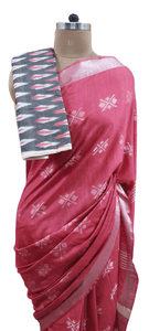 Pink Weaven Linen Cotton Saree with Pure Ikkat Cotton Blouse BHR07