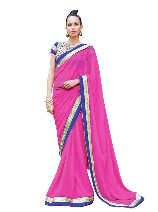 Designer Magenta Pink Embroidered PartyWear Georgette Saree