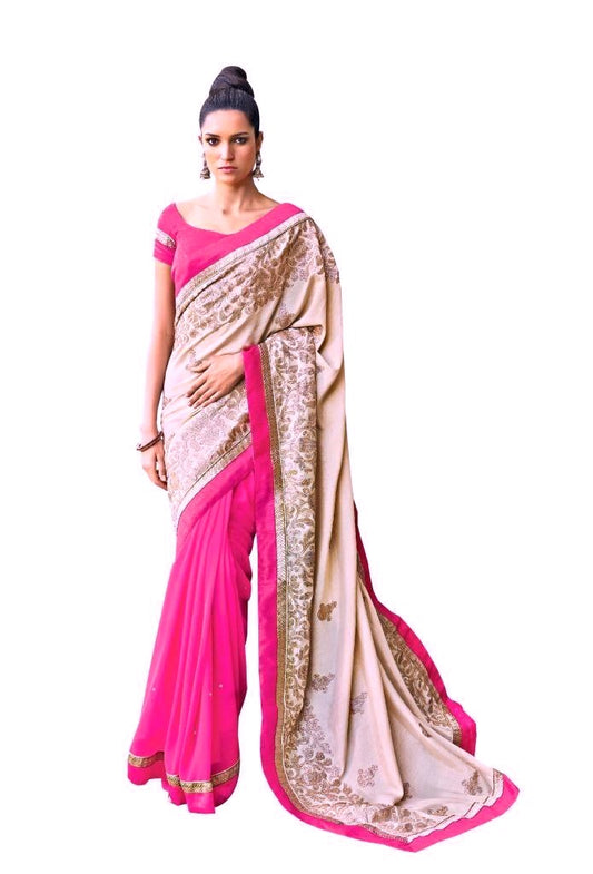 Designer Blush Pink Magenta Embroidered PartyWear Georgette Saree