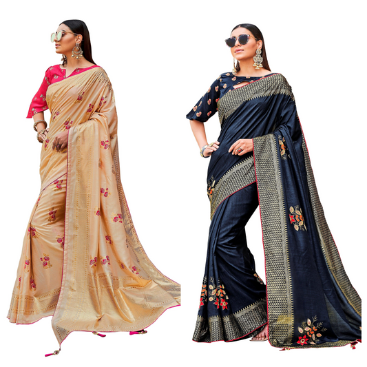 Wholesale Combo – Set of 2 Premium Dola Silk Sarees with Zari Border & Printed Blouse