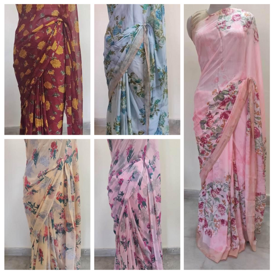 Wholesale Set of 5 Printed Georgette Chiffon Sarees – Lightweight Daily Wear with Blouse SF