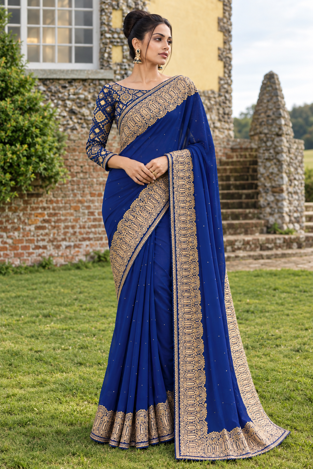 Designer Partywear Blue Embroidered Chiffon Saree SC2564