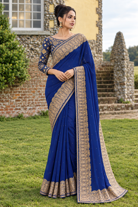 Designer Partywear Blue Embroidered Chiffon Saree SC2564