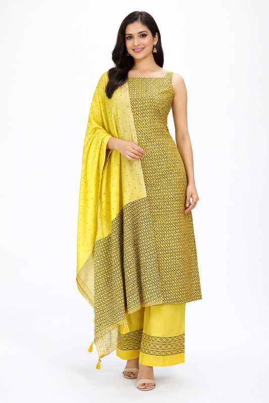 Exclusive Yellow Cotton Silk Screen Printed Unstitched Suit KCB01