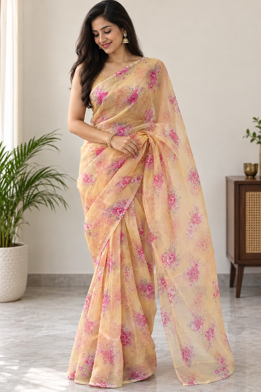 Designer Faux Organza Peach Floral Saree ND09