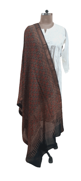 Brown Munga Silk Ajrakh Printed Dupatta With Weaving Border and palla DP100 - Ethnic's By Anvi Creations
