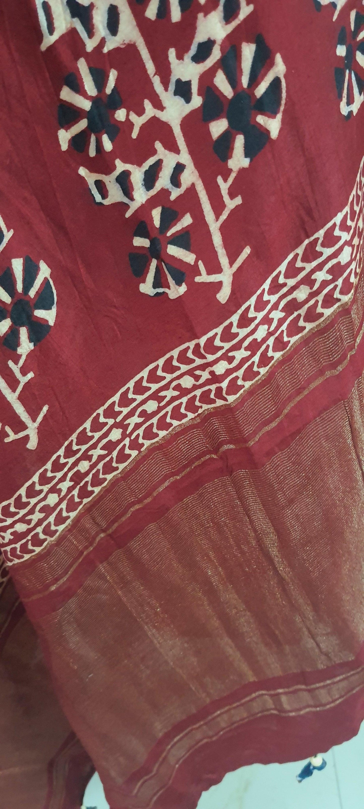 Maroonish Red Munga Silk Ajrakh Printed Dupatta With Weaving Border and palla DP103 - Ethnic's By Anvi Creations