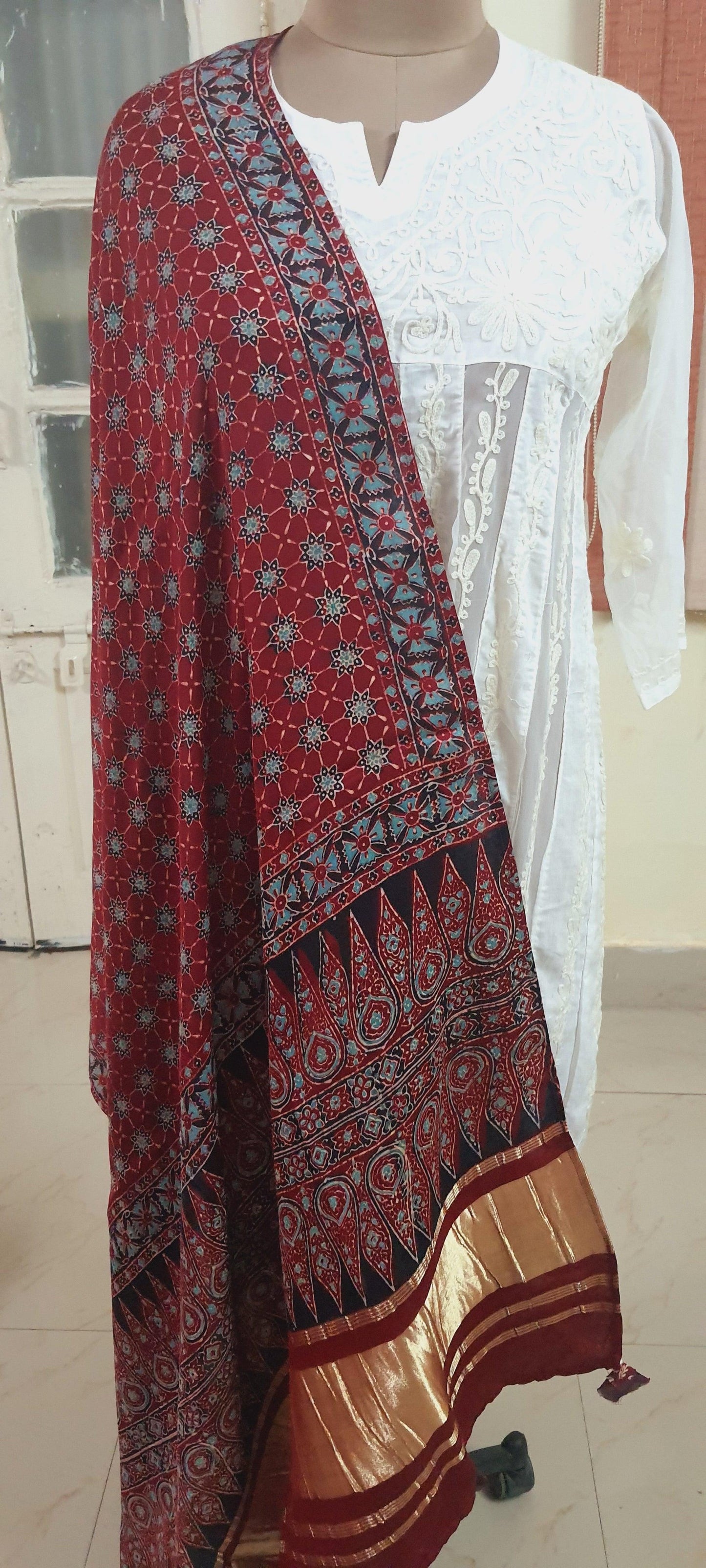 Maroon Modal Silk Ajrakh Printed Lagdi Patta Dupatta DP105 - Ethnic's By Anvi Creations