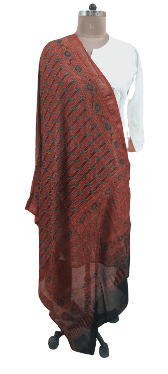Red Black Chanderi Cotton With zari Edging Ajrakh Printed Dupatta DP98 - Ethnic's By Anvi Creations