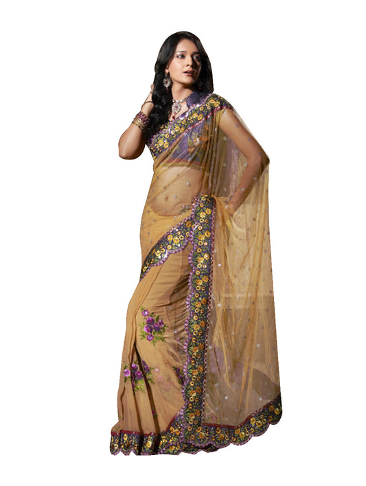 Designer Mustard Heavy Work Net Georgette Saree DIva