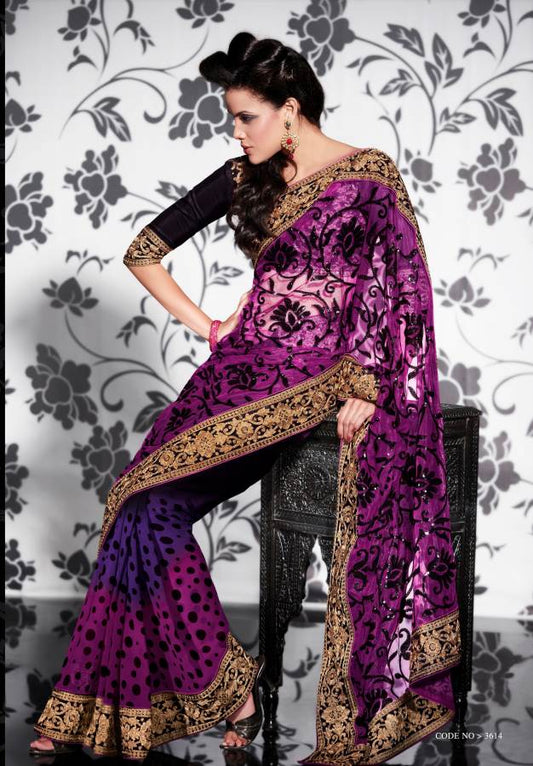 Designer Purple Embroidered Net Georgette Saree 3614